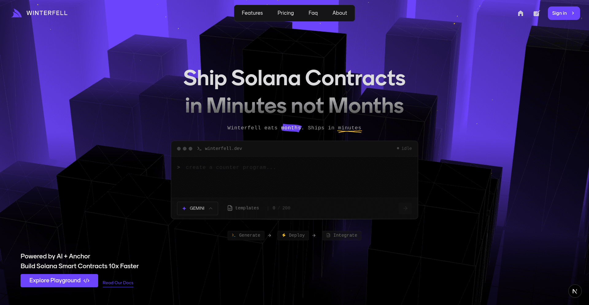 The Winterfell landing page: a purple city of black towers behind the line “Ship Solana Contracts in Minutes not Months” and a prompt box.