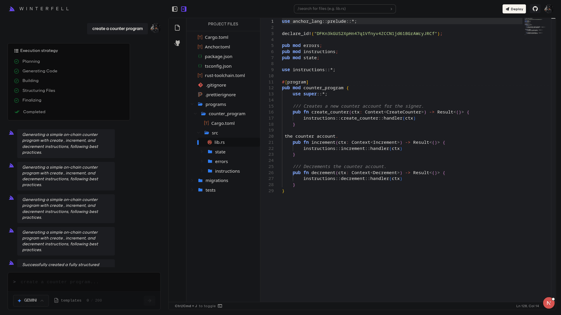 The Winterfell playground. On the left, the chat with an execution checklist from Planning to Completed. In the middle, the project files. On the right, the generated Rust code for a counter program.
