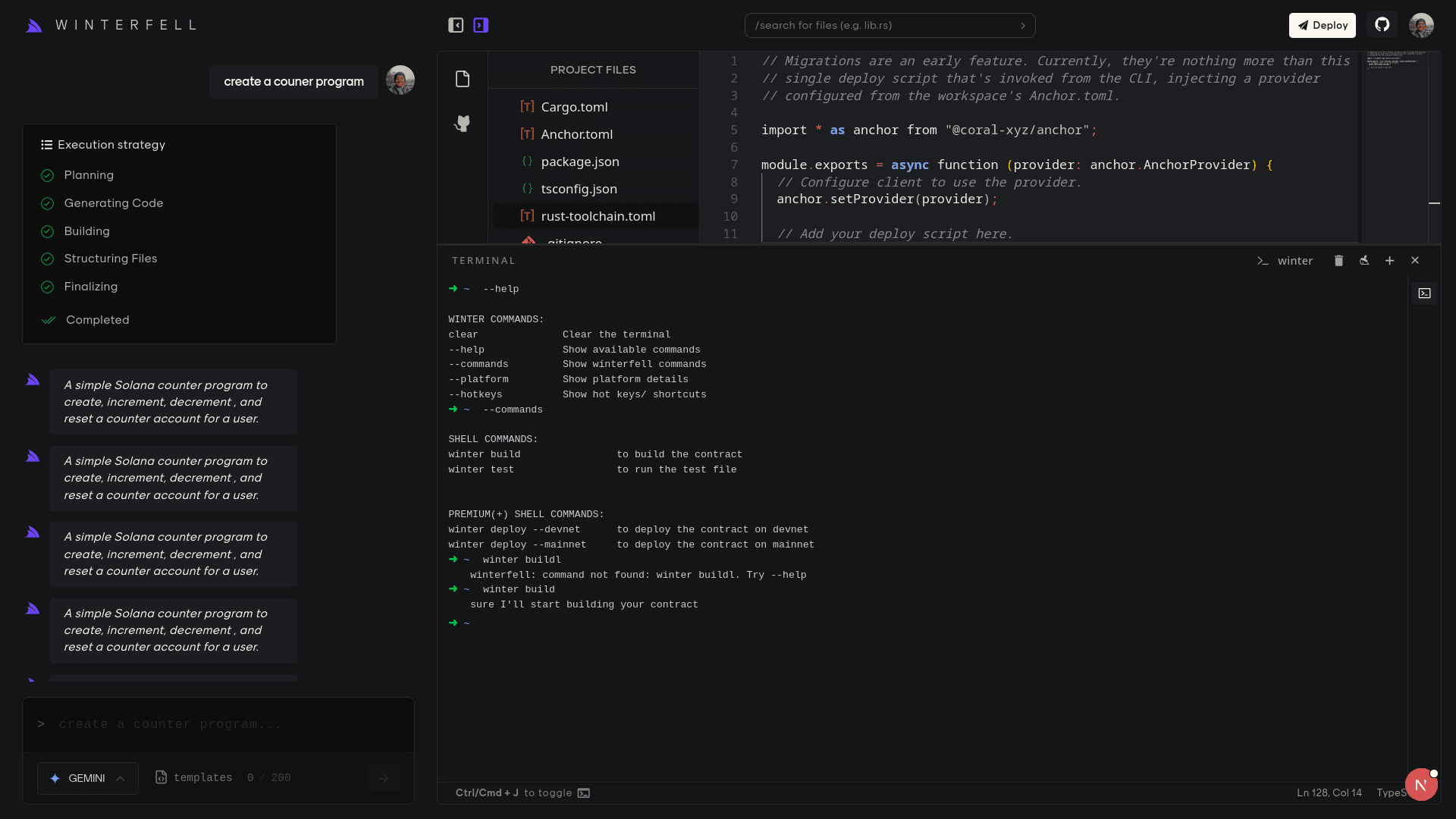 The Winterfell playground with the terminal open. It lists the winter commands, and a mistyped “winter buildl” gets “command not found. Try --help”.